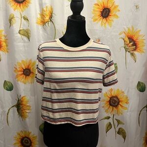 RSQ Cream Striped Crewneck Crop Top with Red & Blue Stripes